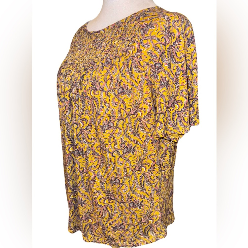 Lucky Brand Smocked Paisley Top Size S/P Mustard Yellow Boho Cotton Modal Blouse - Picture 6 of 10
